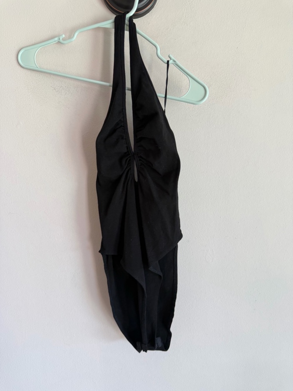 Zara Black Halter Keyhole Ruched Bodysuit Small Womens Plunging Neckline Top
